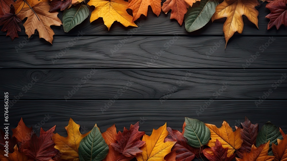 Poster a bunch of leaves that are on top of a wooden surface with a place for a text on the bottom of the p