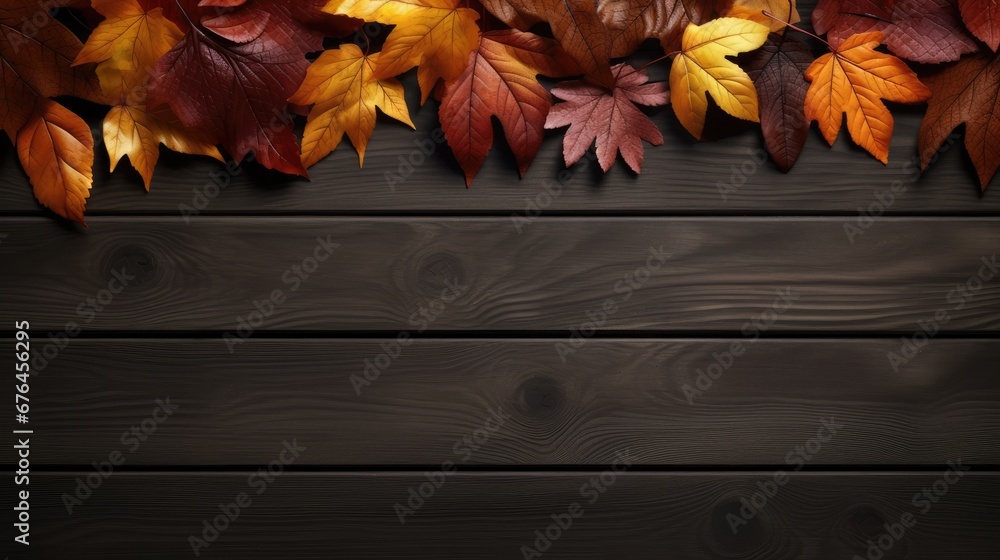 Aufkleber a wooden background with leaves of different colors and sizes on the top of the board, with space fo