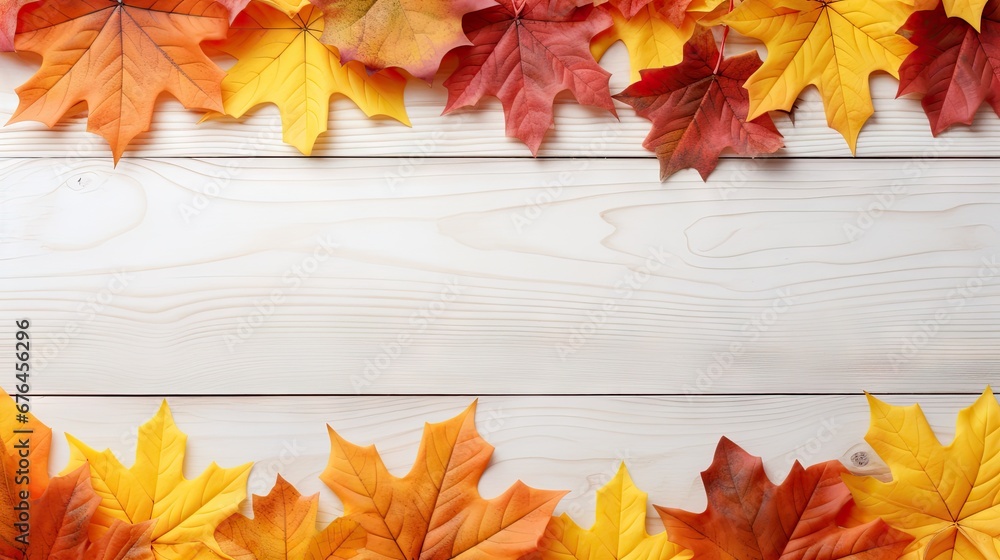 Poster a bunch of leaves that are on top of a white wooden surface with a place for a text or an image. gen