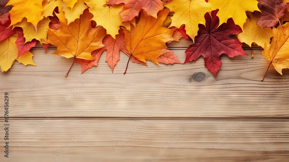 Poster a group of autumn leaves laying on top of a wooden table with a space for a text on the left side of