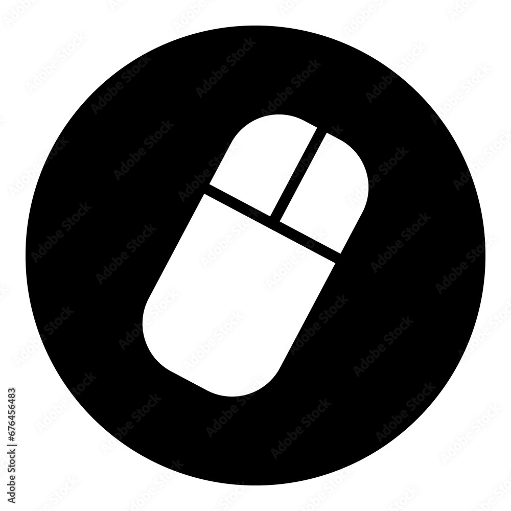 Poster a computer mouse symbol in the center. isolated white symbol in black circle. illustration on transp