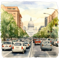 Fototapeta na wymiar Washington DC city street scene - watercolor illustration