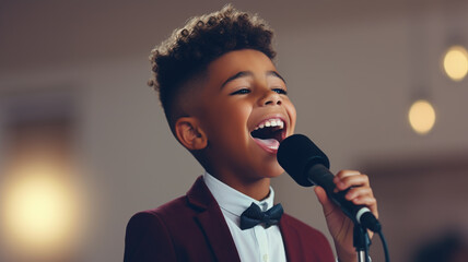 Happy young boy singing into microphone - obrazy, fototapety, plakaty