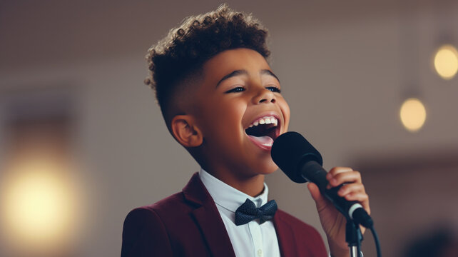 Happy young boy singing into microphone
