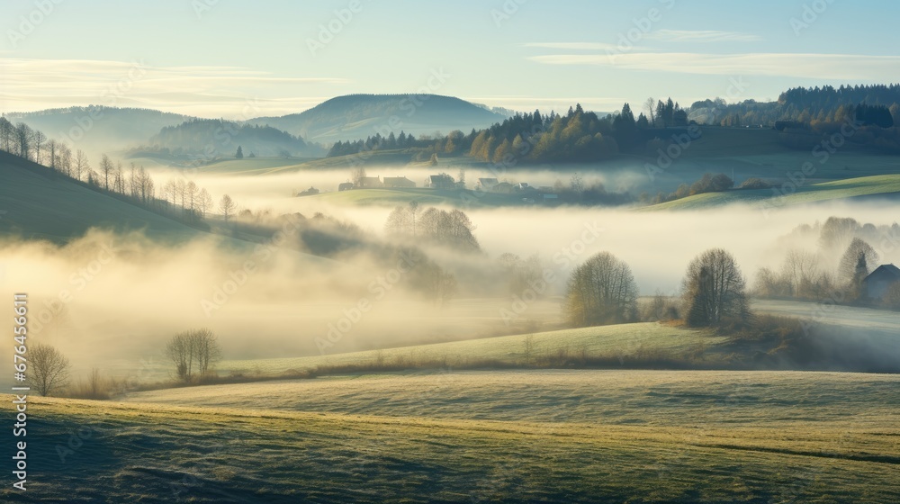 Poster a foggy valley with a few trees in the foreground and a few hills in the background with trees in th
