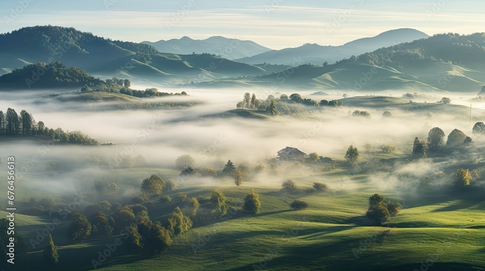 Poster an aerial view of a valley with trees in the foreground and mountains in the background with fog in 