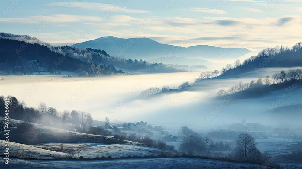Poster a foggy valley with trees and mountains in the distance with low lying clouds in the foreground and 