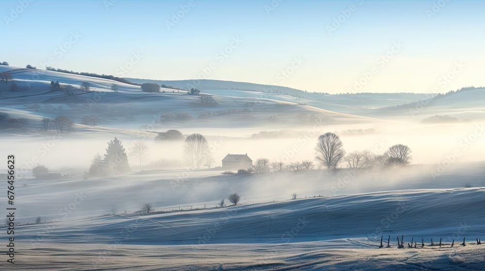 Poster a foggy landscape with a few trees in the foreground and a house on a hill in the background. genera