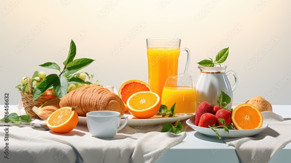 Poster a table topped with a plate of oranges next to a pitcher of orange juice and a bowl of strawberries.