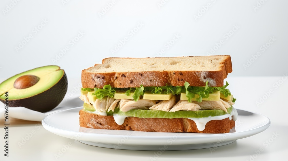 Poster a close up of a sandwich on a plate with an avocado on the side of the plate and an avocado in the b