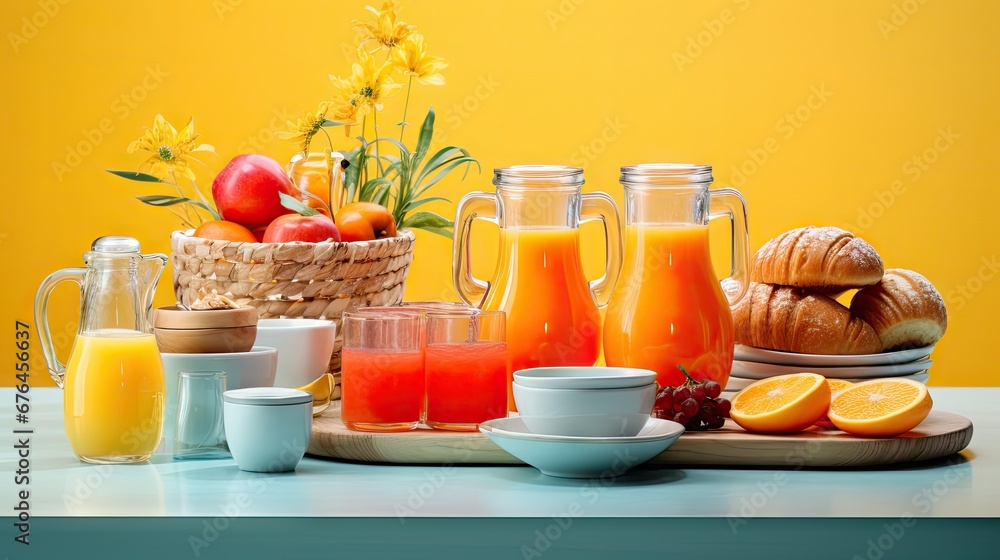 Poster a table topped with a tray of oranges and a basket filled with oranges and croissants. generative ai