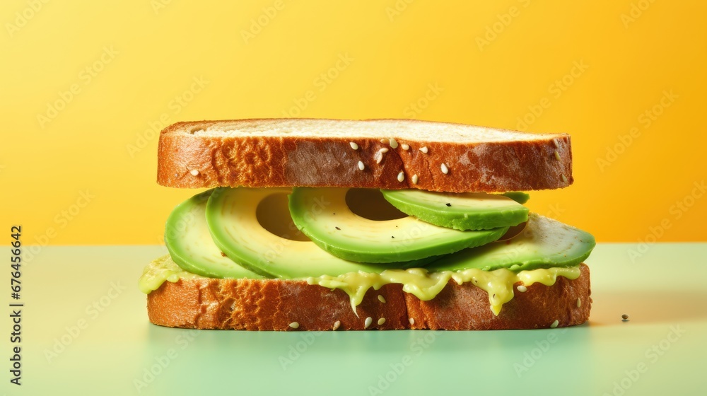 Poster a close up of a sandwich with avocado slices on top of a piece of bread on a table. generative ai