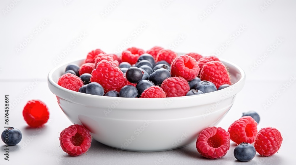 Aufkleber a bowl filled with raspberries and blueberries on top of a table next to another bowl of raspberries