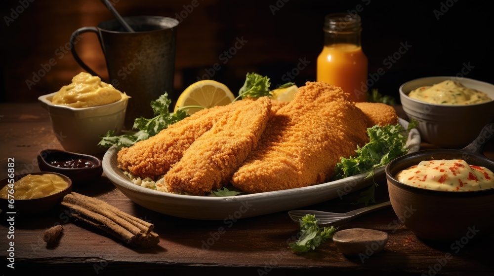 Poster a platter of fried fish with a side of mashed potatoes and a side of coleslaw and mustard. generativ