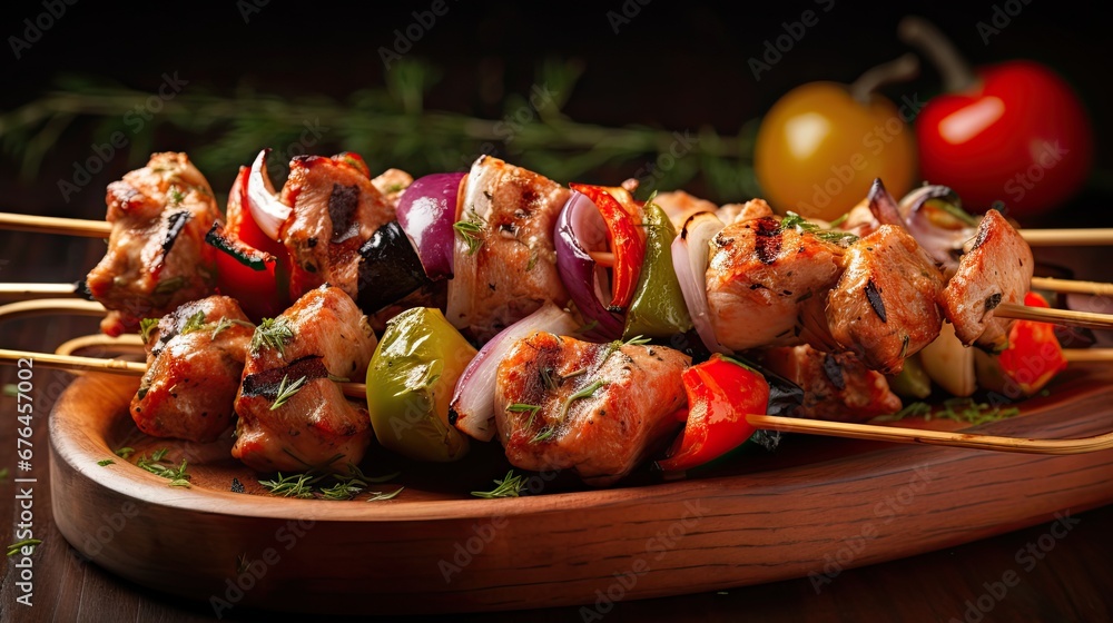Poster a close up of a plate of food with skewers of skewers filled with meat and vegetables. generative ai