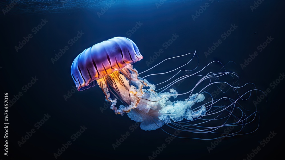 Poster a jellyfish floating in the water with its head turned to look like it's floating in the air. genera
