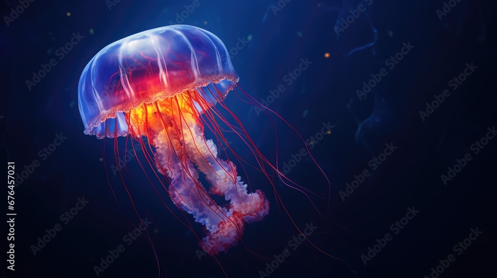 Poster a close up of a jellyfish on a dark background with red and yellow jellyfish in it's tentacles. gene