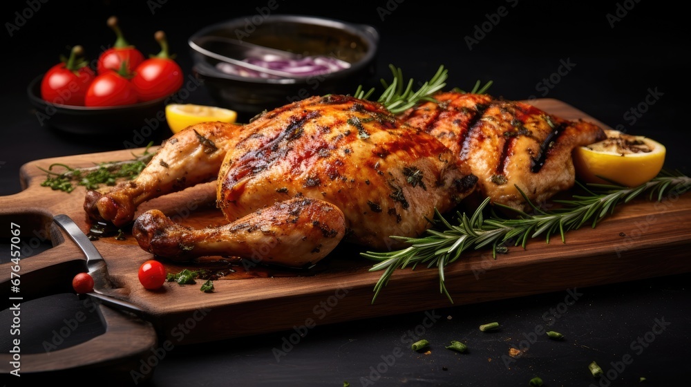 Poster a close up of a chicken on a cutting board with a knife and tomatoes in a bowl in the background. ge