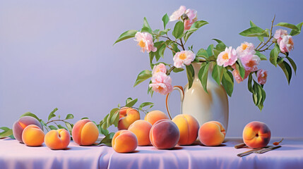 a selection of pastel-colored fruits, such as plums and apricots, arranged on a soft lavender background, creating a calming and visually pleasing backdrop for presentations