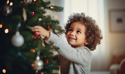 happy little girl decorating christmas tree at home, winter holidays, charity and people concept...