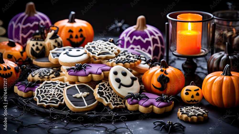 Poster a table topped with lots of cookies covered in icing and decorated like jack - o'- lanternes. genera