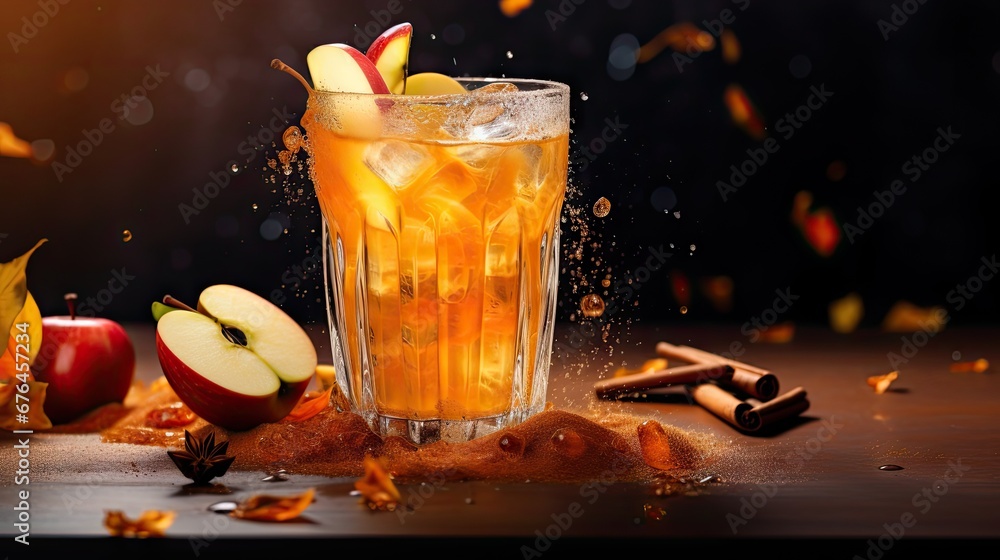 Poster a glass of apple cider on a table with cinnamons and an apple slice on the side of the glass. genera