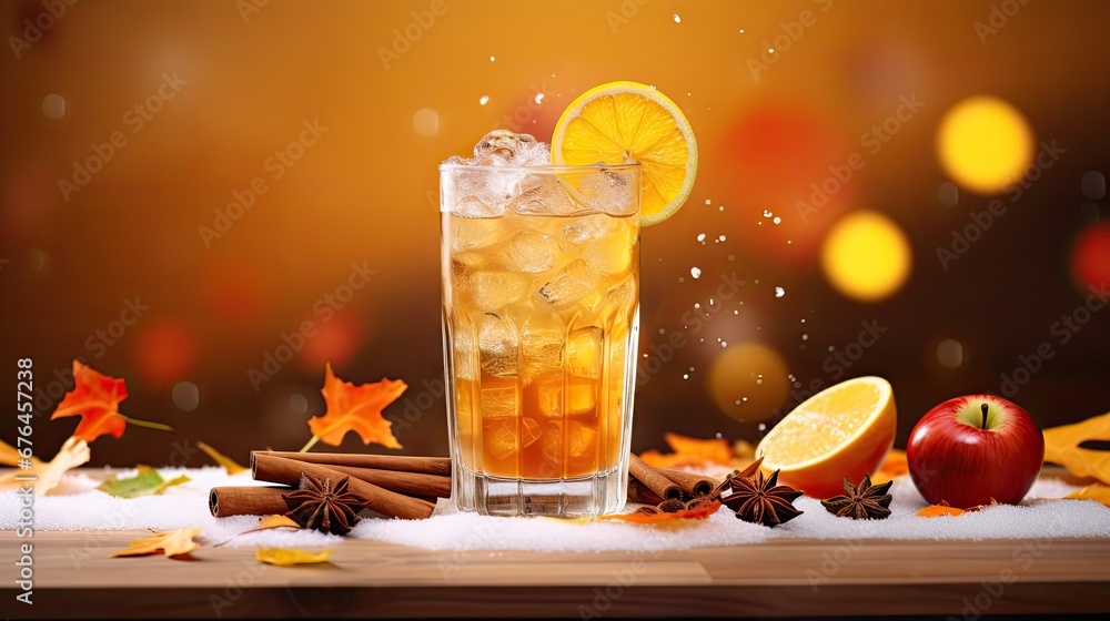 Poster a glass of ice tea with a slice of lemon and cinnamon on a table with autumn leaves and an apple. ge
