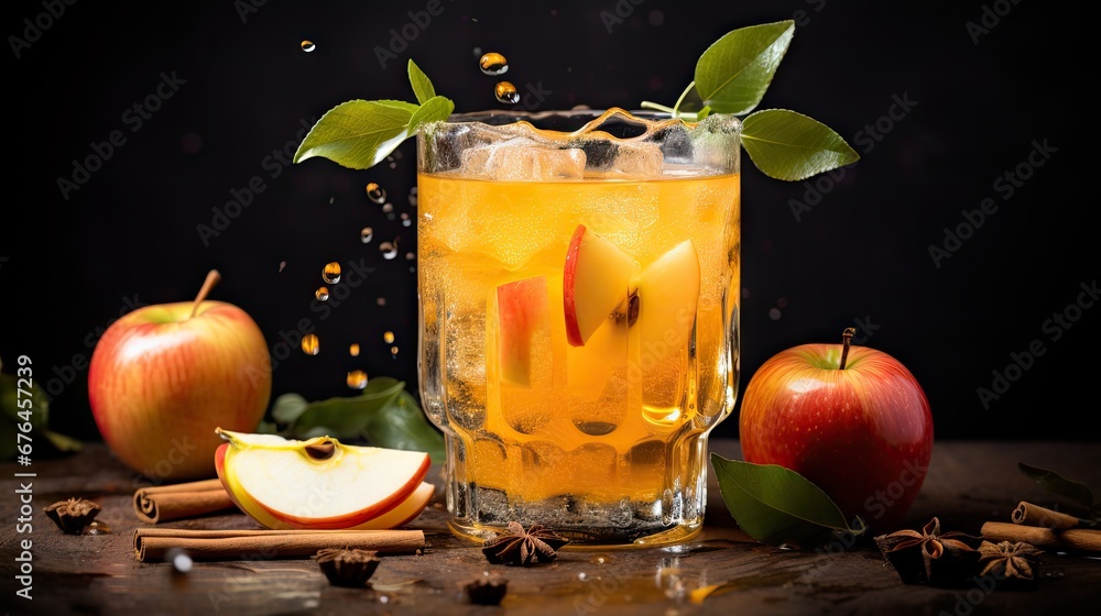 Poster a glass of apple cider on a table with cinnamons and an apple slice on the side of the glass. genera
