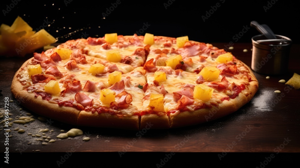 Poster a pizza sitting on top of a wooden table next to a can of pineapple and a can of soda. generative ai