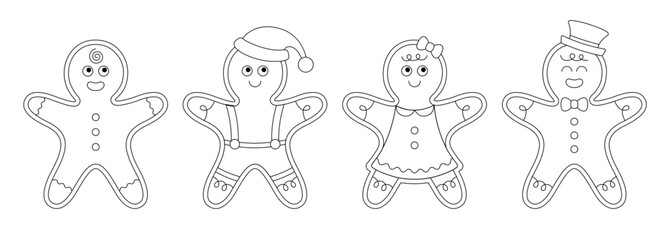 Set of of outline gingerbread man and woman cookie. Holiday biscuit, traditional Christmas dessert. Vector illustration