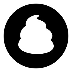 A poop symbol in the center. Isolated white symbol in black circle. Illustration on transparent background