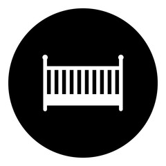 A baby cot symbol in the center. Isolated white symbol in black circle. Illustration on transparent background