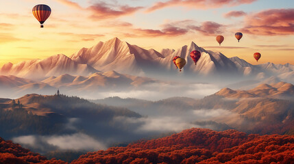 Hot air balloons above the mountains. Colorful hot air balloons flying over mountain. panorama