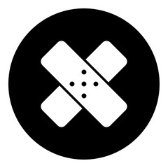 A adhesive plaster symbol in the center. Isolated white symbol in black circle. Vector illustration on white background