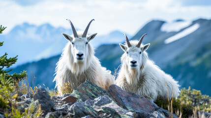 Obraz premium Two mountain goats resting on peak with mountains behind
