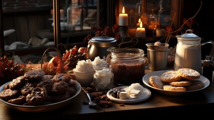 Cozy Evening Hot Chocolate Setup with Gourmet Treats and Rustic Charm