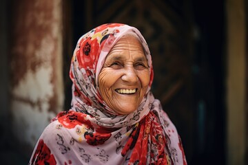 An older Arab woman smiling - obrazy, fototapety, plakaty