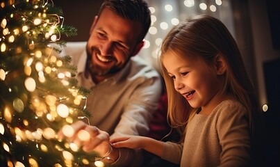 Obraz na płótnie Canvas Happy parent helping their daughter decorate the house christmas tree, smiling young girl enjoying festive activities concept, having fun, wonderful time on traditional Christmas winter evening