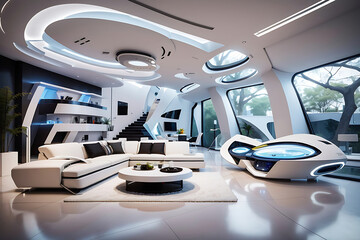 Modern and futuristic interior smart home luxurious living room with awesome decoration