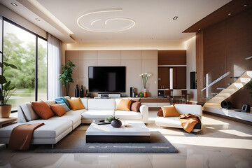 Modern creative living room interior design with simplicity, natural elements, and minimalism