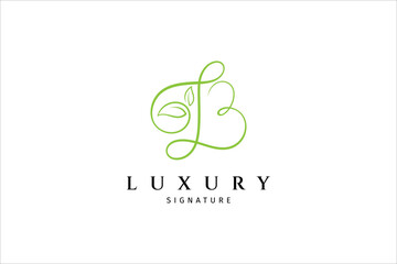 Fototapeta premium B initial letter signature logo with leaves shape variation. Handwriting logo template vector
