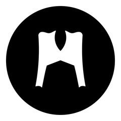 A women's jacket symbol in the center. Isolated white symbol in black circle. Vector illustration on white background