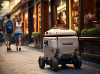 Moving delivery robot on the evening city on public road. White futuristic cyber-courier are cruising the sidewalks and street near shop, cafe, restaurant and people. Modern robotic delivery.