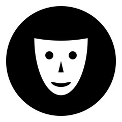 A theatrical mask in the center. Isolated white symbol in black circle. Illustration on transparent background