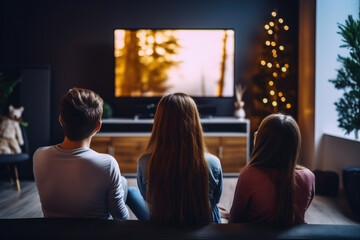 Friends watching TV together in a cozy room - obrazy, fototapety, plakaty