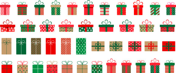 Set of christmas gift boxes with ribbons and bows.A pile of christmas gift boxes.Presents in colorful wrapping with ribbons.Gift boxes stack in flat style. - obrazy, fototapety, plakaty
