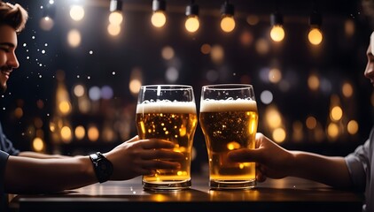 Two friends holding and chairing Beer filled glass celebration ambience atmosphere on the table with black bokeh lights background, copy space - obrazy, fototapety, plakaty