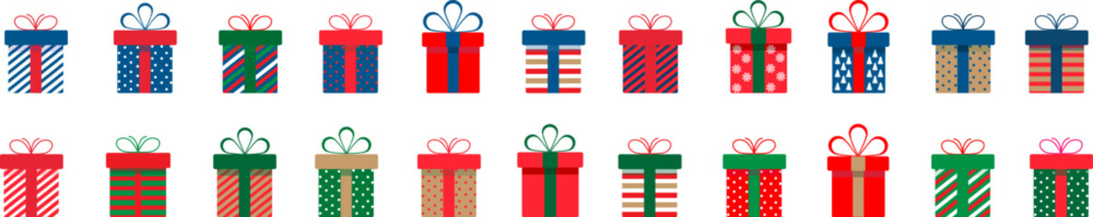 Set of christmas gift boxes with ribbons and bows.A pile of christmas gift boxes.Presents in colorful wrapping with ribbons.Gift boxes stack in flat style.