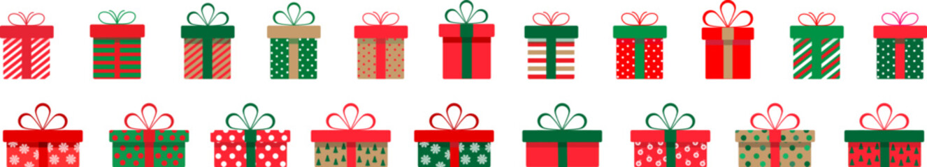 Set of christmas gift boxes with ribbons and bows.A pile of christmas gift boxes.Presents in colorful wrapping with ribbons.Gift boxes stack in flat style.