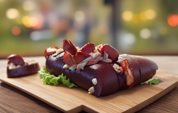 Lobster roll – Bar Harbor, Maine on the wooden table, Lightings bokeh background, copy space
